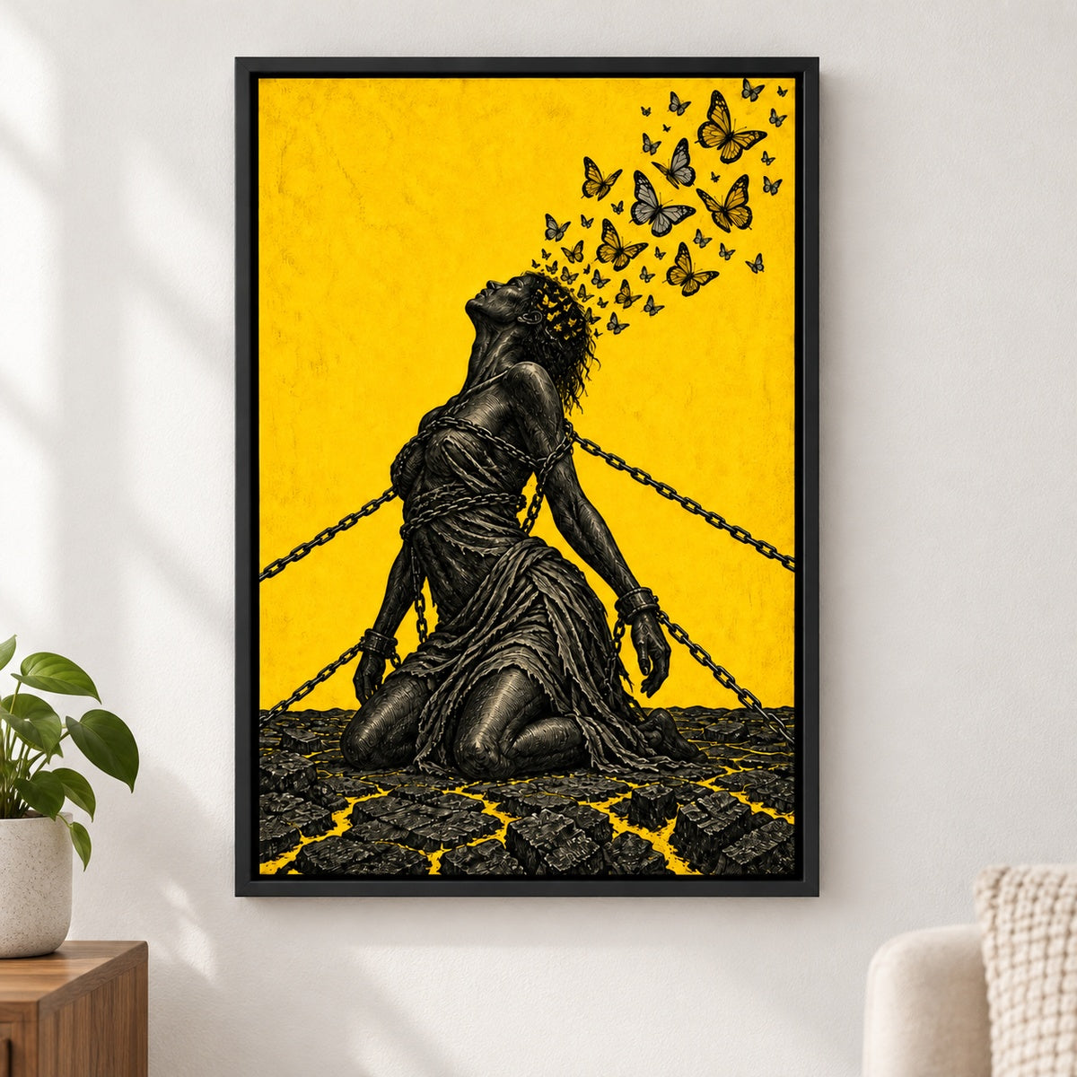 Symbolisches Leinwandbild mit angeketteter Figur und Schmetterlingen - Nahansicht an der Wand mit schwarzem Rahmen