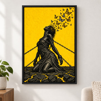 Symbolisches Leinwandbild mit angeketteter Figur und Schmetterlingen - Nahansicht an der Wand mit schwarzem Rahmen
