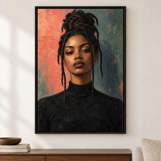 Black Woman Coral Teal Expressionist Canvas Wall Art - Black Frame closeup wall view