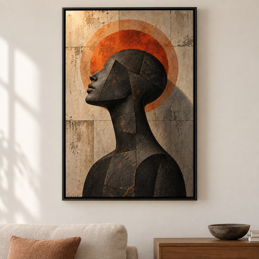 Black Profile Orange Ring Modern Canvas Wall Art - Black Frame closeup wall view
