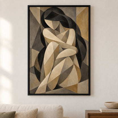 Curled Cubist Woman Abstract Canvas Wall Art - Black Frame closeup wall view