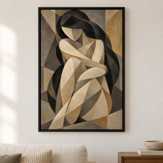 Curled Cubist Woman Abstract Canvas Wall Art - Black Frame closeup wall view