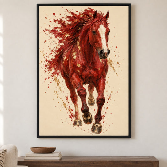 Crimson Charging Horse Impasto Canvas Wall Art - Black Frame closeup wall view