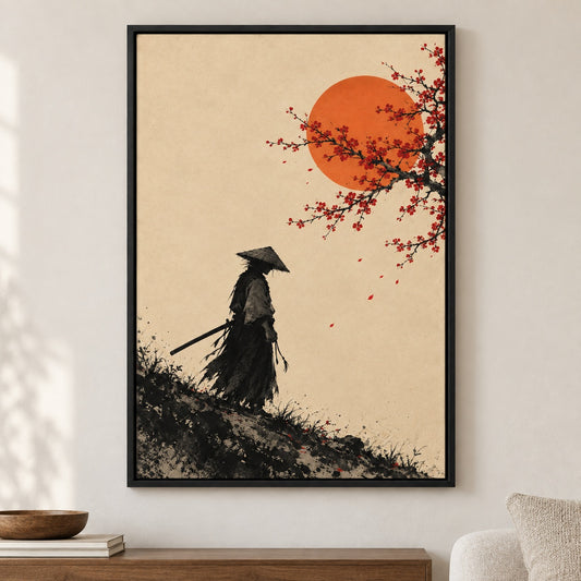Wandering Samurai Blossom Sun Canvas Wall Art - Black Frame closeup wall view