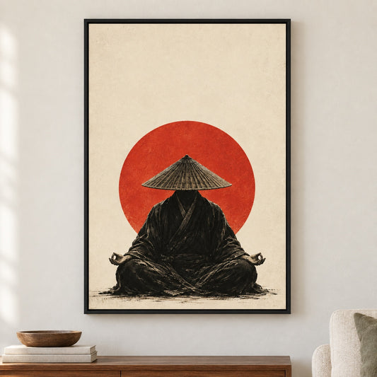 Meditating Monk Red Sun Zen Canvas Wall Art - Black Frame closeup wall view
