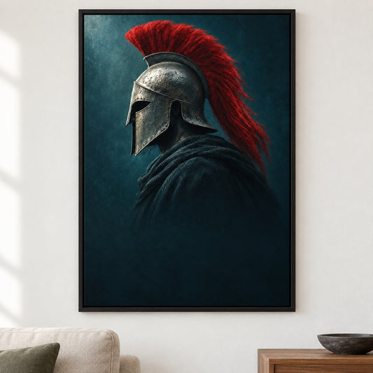 Silver Helmet Red Crest Warrior Canvas Wall Art - Black Frame closeup wall view
