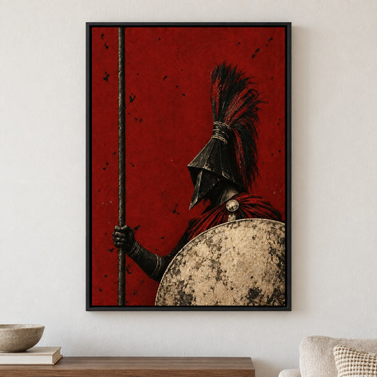 Crimson Shield Classical Guardian Canvas Wall Art - Black Frame closeup wall view