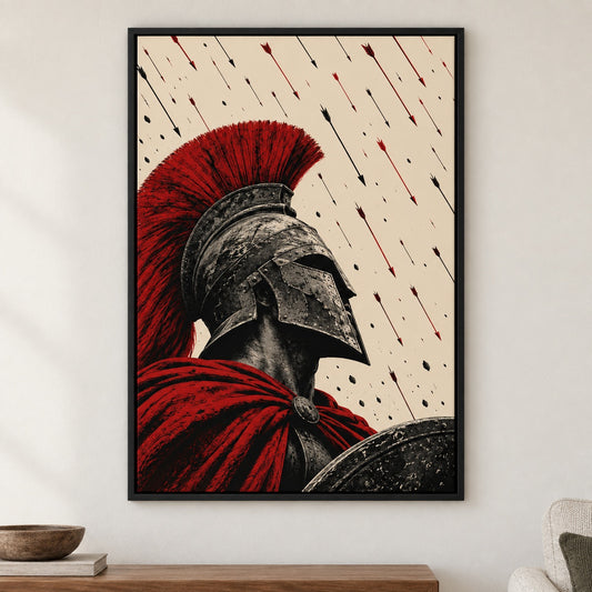 Red Crest Warrior Arrow Rain Canvas Wall Art - Black Frame closeup wall view