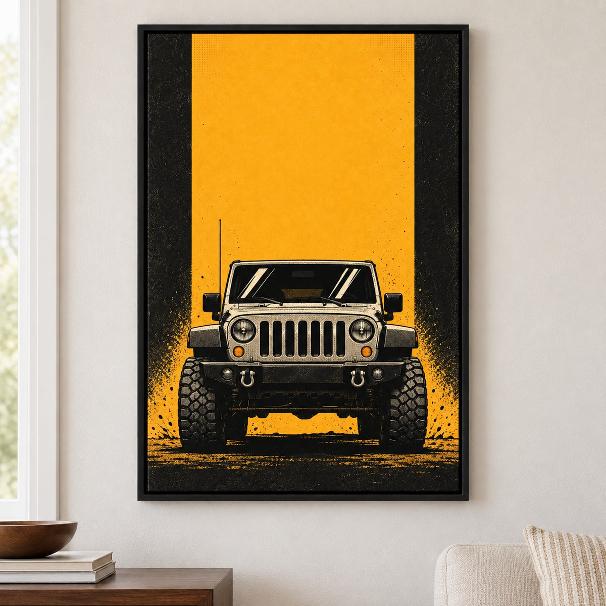 Vista Frontal de SUV Todo-o-Terreno retro, arte de parede em tela - vista aproximada na parede com moldura preta