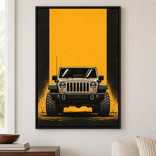 Front View Off-Road SUV Retro Canvas Wall Art - Black Frame closeup wall view
