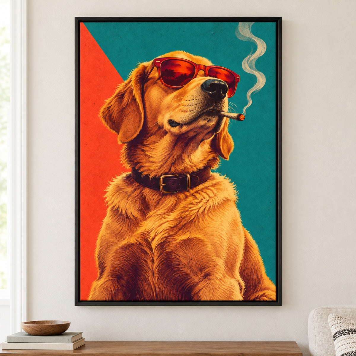 Cool Golden Dog Sunglasses Retro Canvas Wall Art - Black Frame closeup wall view