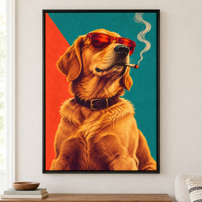 Cool Golden Dog Sunglasses Retro Canvas Wall Art - Black Frame closeup wall view
