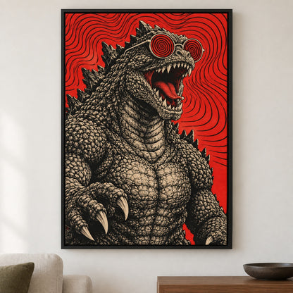 Red Spiral Glasses Original Kaiju Canvas Wall Art - Black Frame closeup wall view