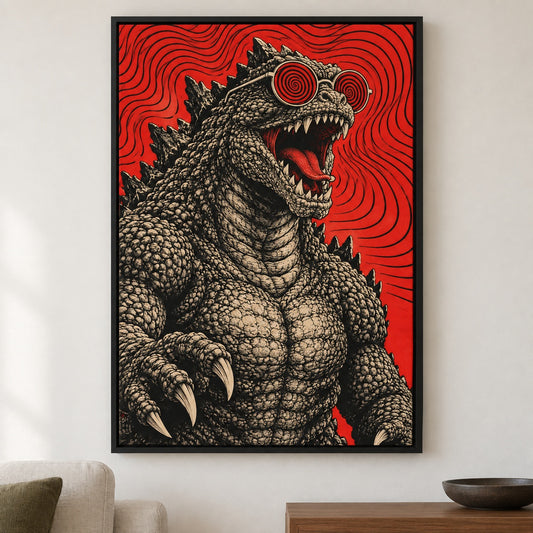 Red Spiral Glasses Original Kaiju Canvas Wall Art - Black Frame closeup wall view