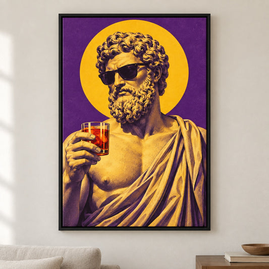 Classical Bust Sunglasses Party Canvas Wall Art - Black Frame closeup wall view
