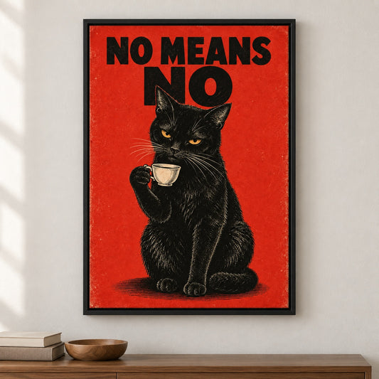 NO MEANS NO Black Cat Retro Canvas Wall Art - Black Frame closeup wall view