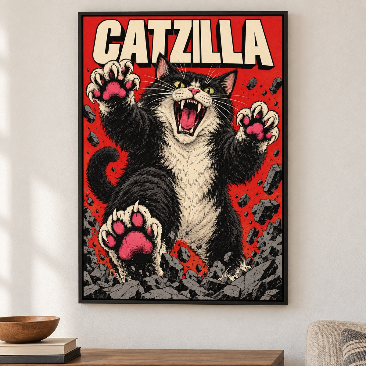 CATZILLA Cat Kaiju Comic Canvas Wall Art - Black Frame closeup wall view