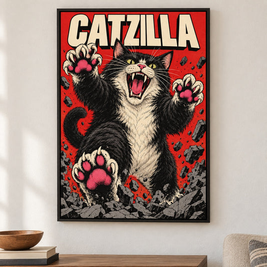 CATZILLA Cat Kaiju Comic Canvas Wall Art - Black Frame closeup wall view