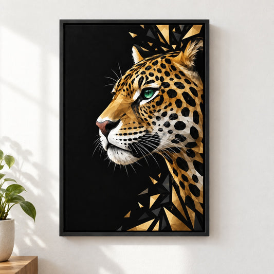 Low Poly Jaguar Profile Canvas Wall Art - Black Frame closeup wall view