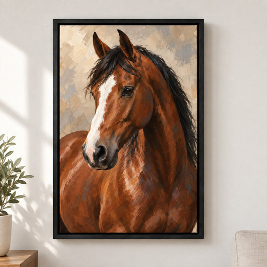 Chestnut Horse Oil Portrait Canvas Wall Art - Black Frame closeup wall view