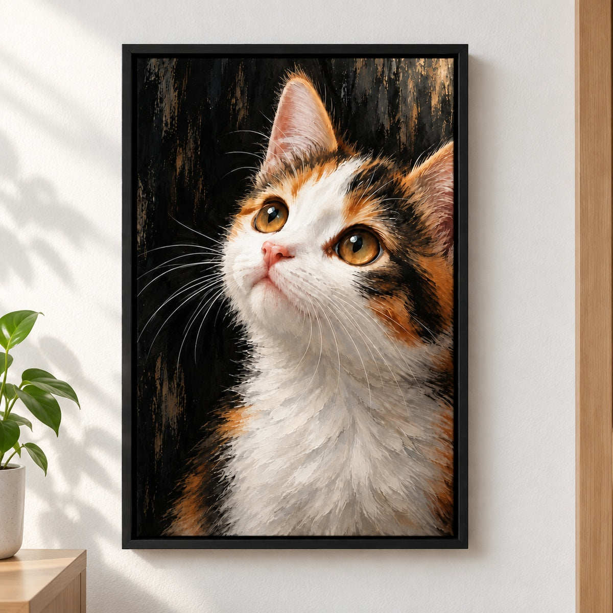 Calico Kitten Oil Portrait Canvas Wall Art - Black Frame closeup wall view