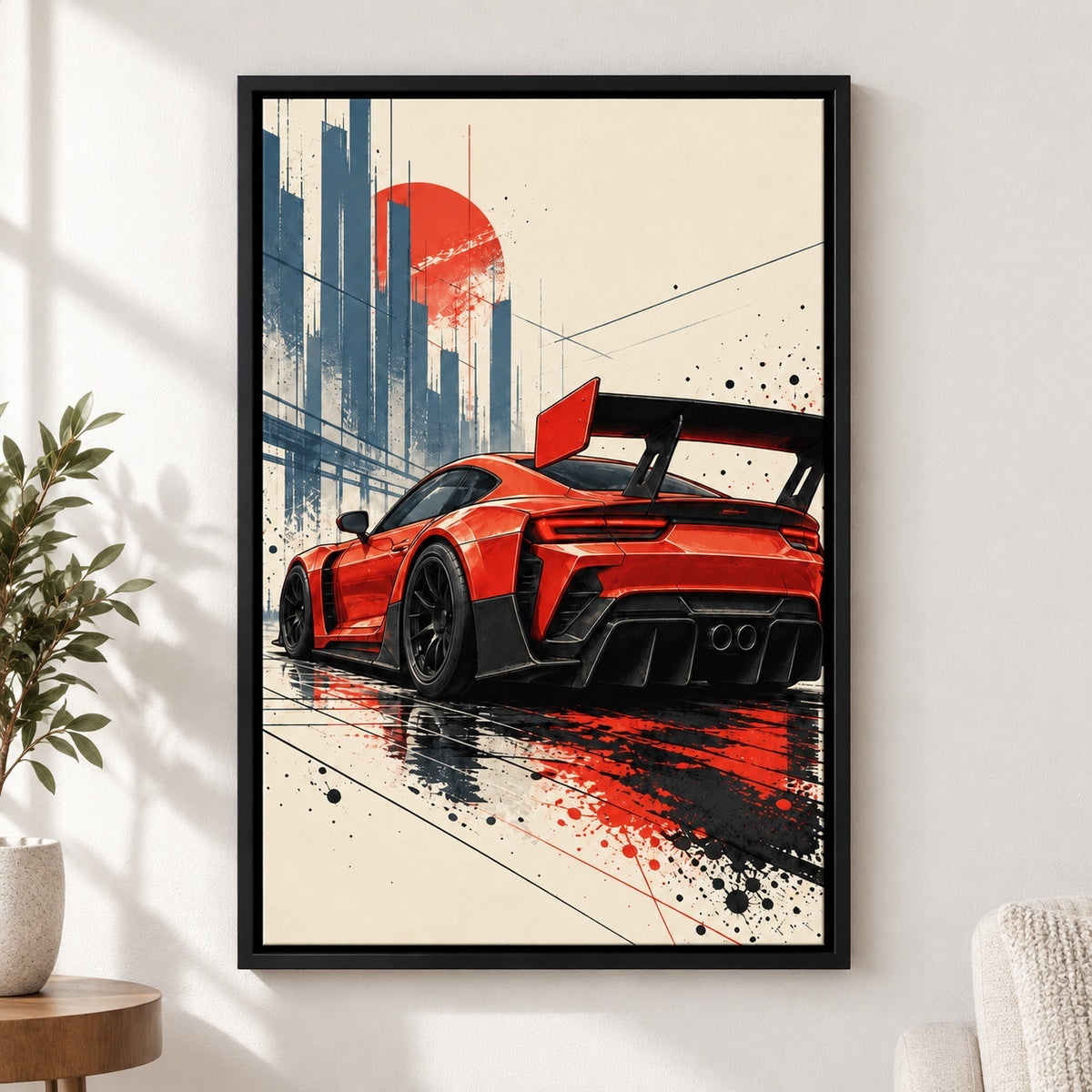 Red Orange Track Car Comic Canvas Wall Art - Black Frame closeup wall view
