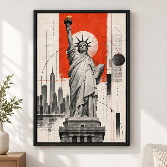 Statue of Liberty Architectural Collage Canvas Wall Art - Black Frame closeup wall view
