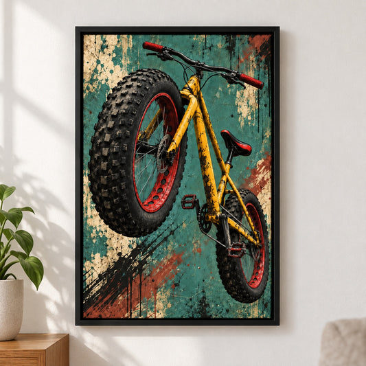 Fat Tire Bicycle Graffiti Canvas Wall Art - Black Frame closeup wall view