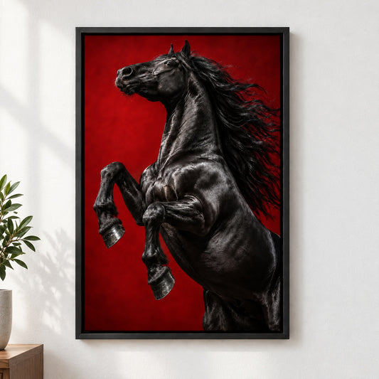 Black Rearing Horse Red Studio Canvas Wall Art - Black Frame closeup wall view