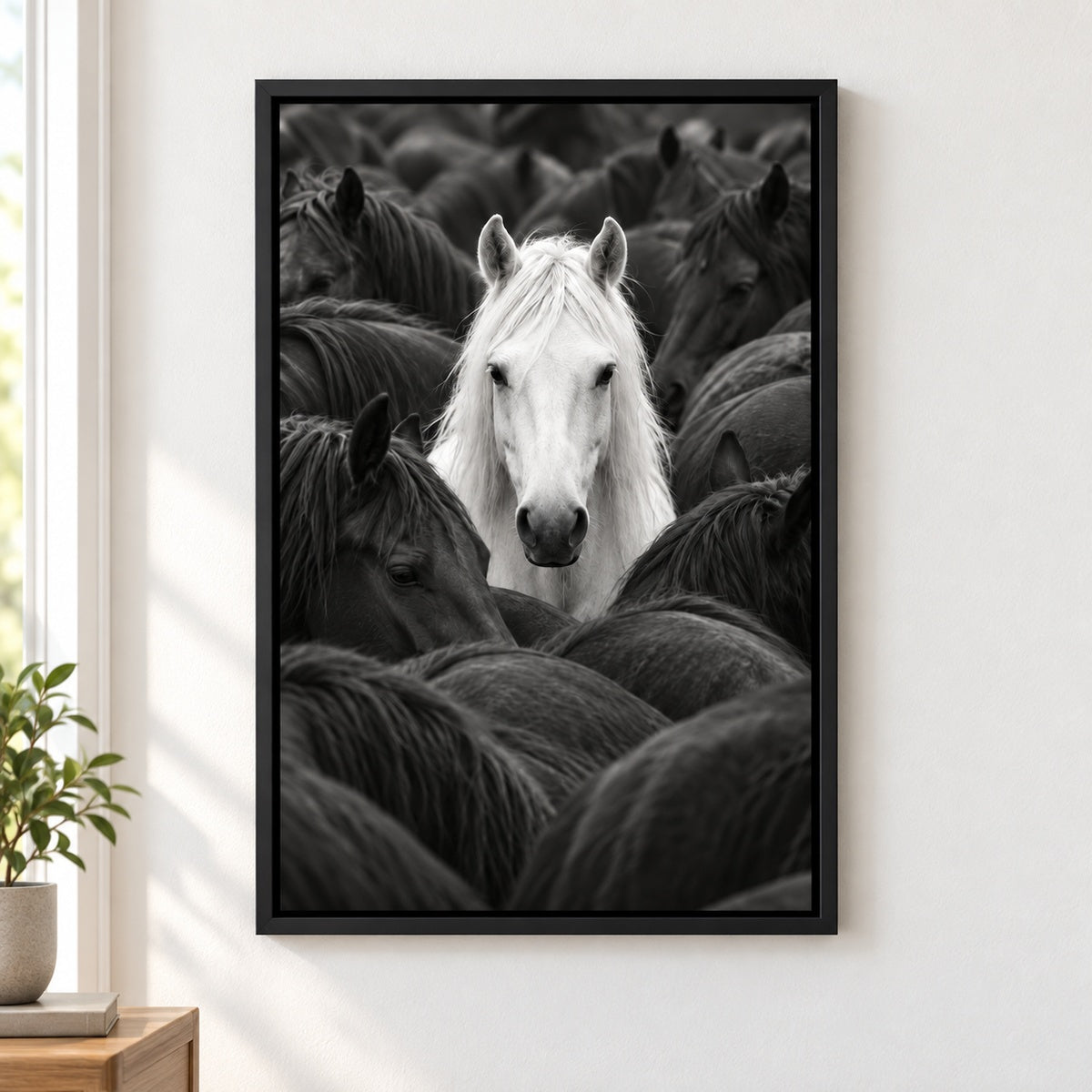 White Horse in Dark Herd Black and White Canvas Wall Art - Black Frame closeup wall view