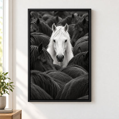 White Horse in Dark Herd Black and White Canvas Wall Art - Black Frame closeup wall view