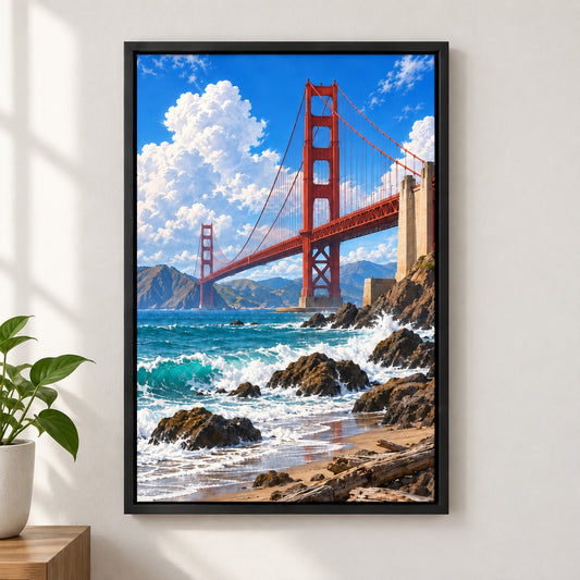 Golden Gate Bridge Rocky Coast Canvas Wall Art - Black Frame closeup wall view