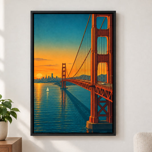 Golden Gate Bridge Sunset Travel Poster Canvas Wall Art - Black Frame closeup wall view