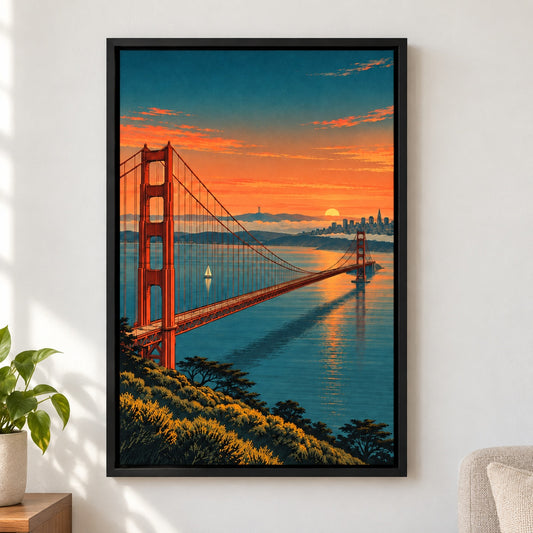 Golden Gate Bridge Bay Overlook Canvas Wall Art - Black Frame closeup wall view