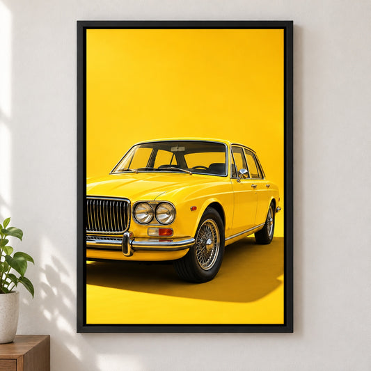 Yellow Vintage Sedan Studio Canvas Wall Art - Black Frame closeup wall view