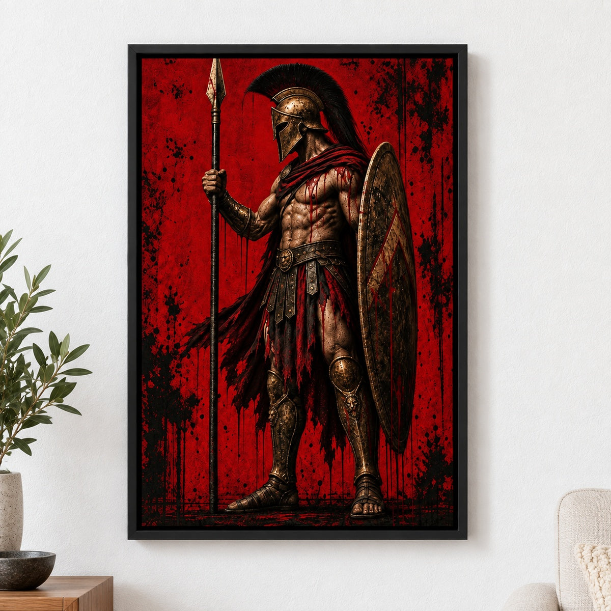 Ancient Hoplite Warrior Crimson Grunge Canvas Wall Art - Black Frame closeup wall view