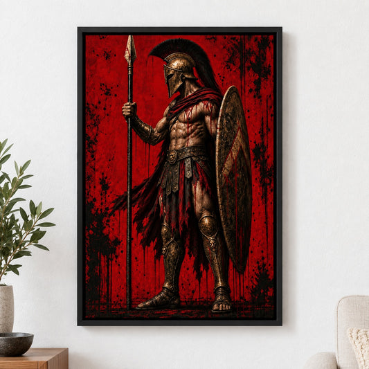 Ancient Hoplite Warrior Crimson Grunge Canvas Wall Art - Black Frame closeup wall view