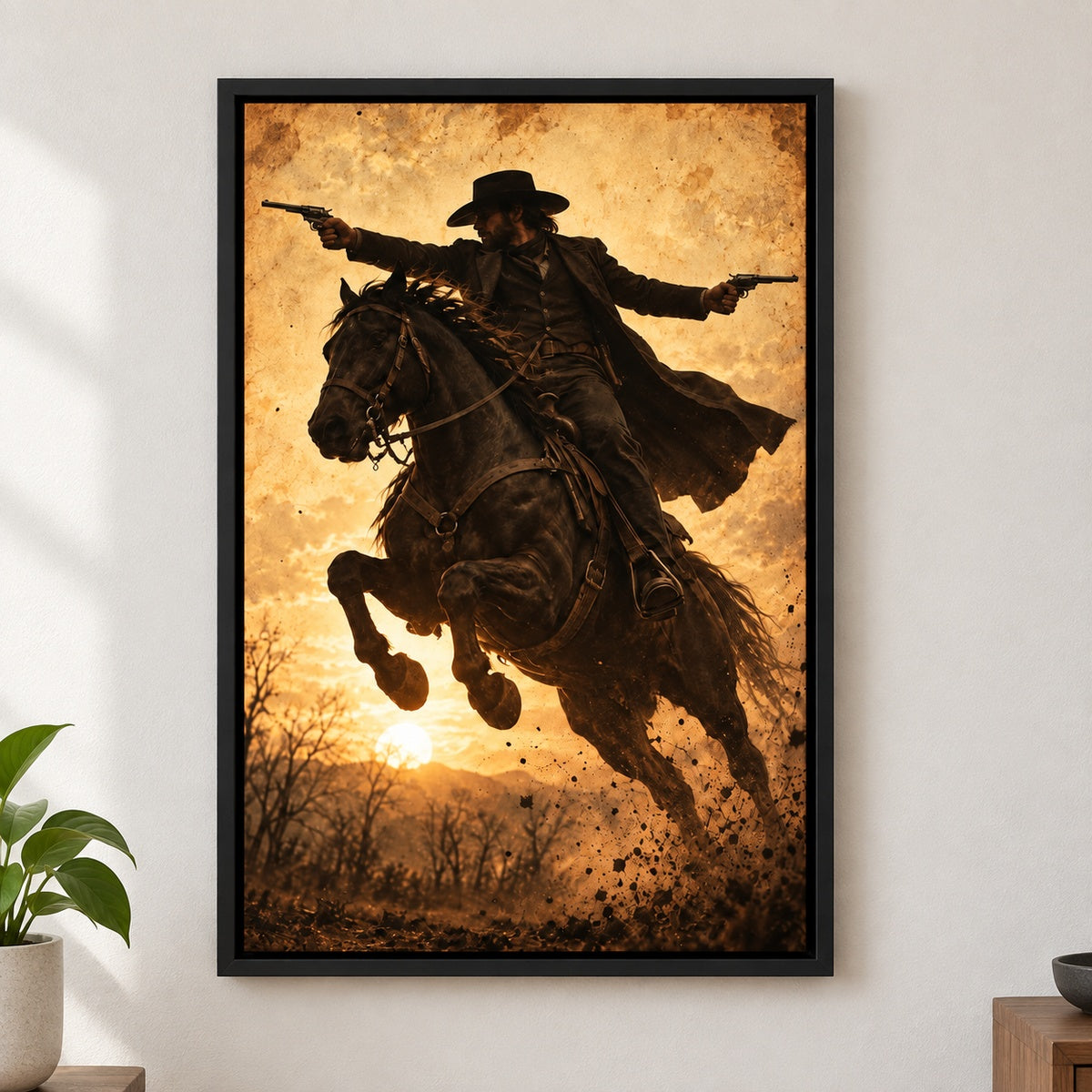 Outlaw Cowboy Horse Action Vintage Canvas Wall Art - Black Frame closeup wall view