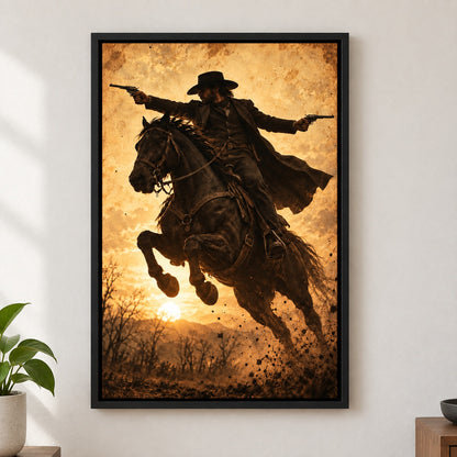 Outlaw Cowboy Horse Action Vintage Canvas Wall Art - Black Frame closeup wall view