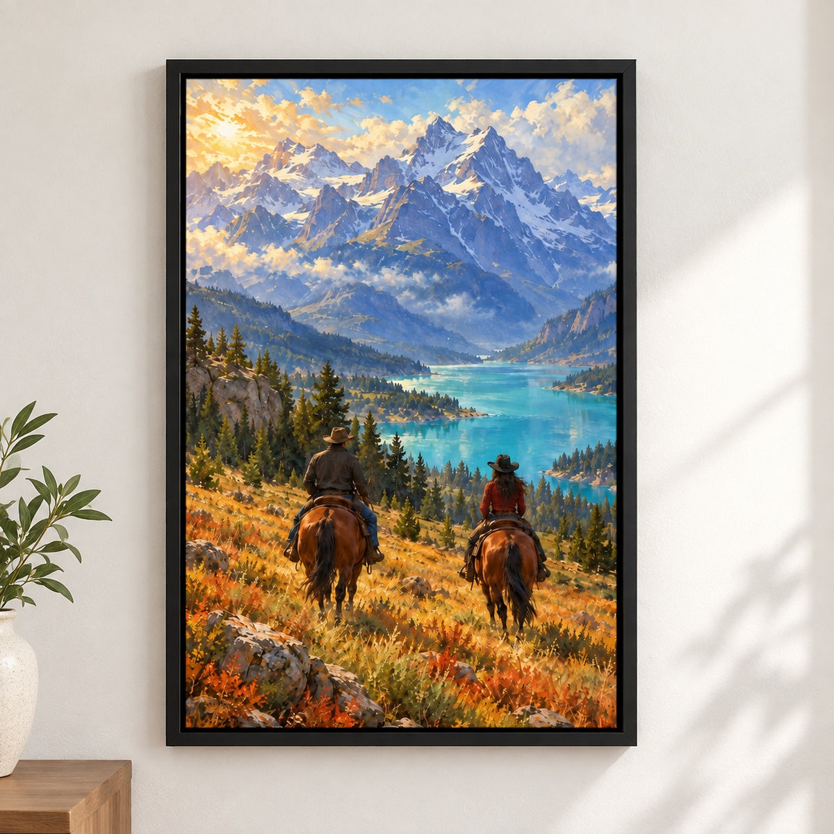 Two Western Riders Alpine Valley Canvas Wall Art - Black Frame closeup wall view