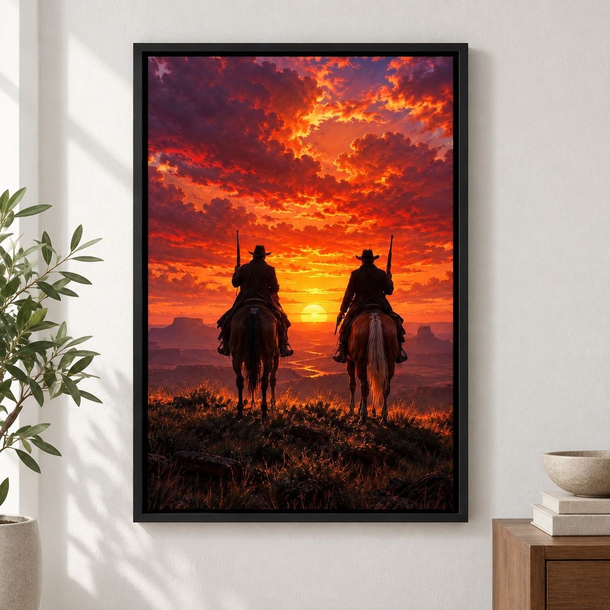Two Cowboys Sunset Silhouette Canvas Wall Art - Black Frame closeup wall view