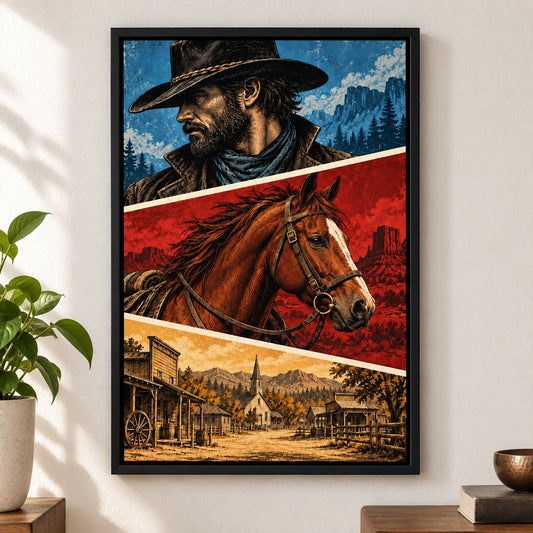 Cowboy Horse Frontier Three Panel Comic Canvas Wall Art - Black Frame closeup wall view
