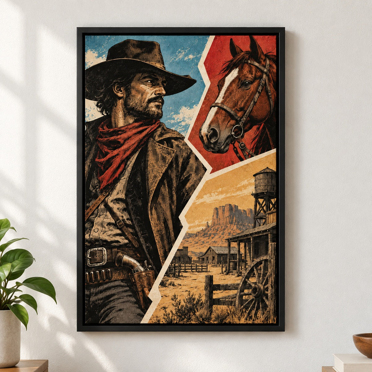 Cowboy Horse Frontier Zigzag Comic Canvas Wall Art - Black Frame closeup wall view