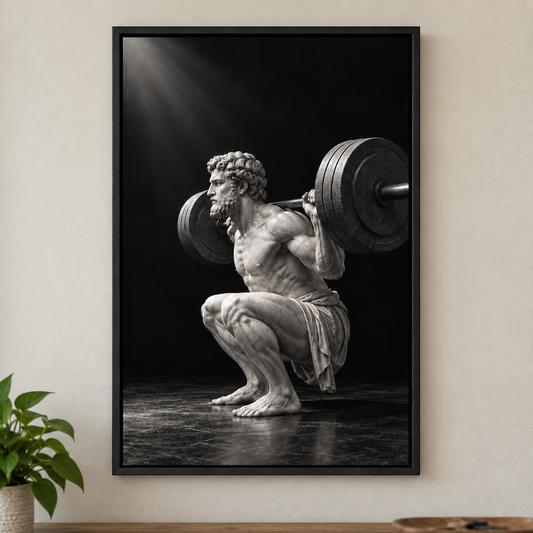 Classical marble-style side-profile squat figure — black framed canvas in a room close-up