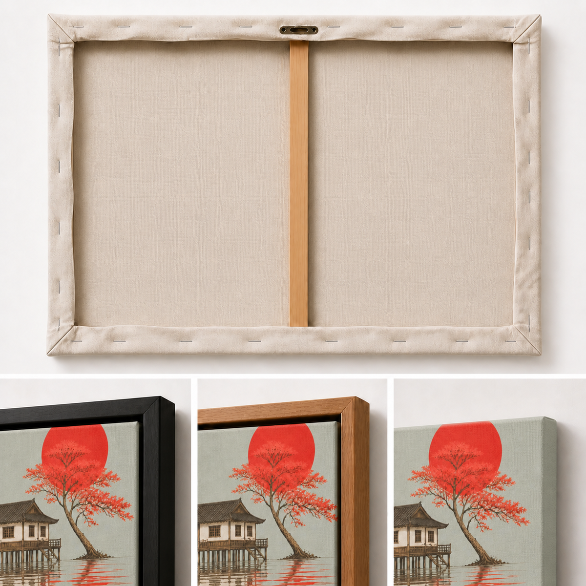 Red Tree and Asian Stilt House Floating Frame Wall Art - 03