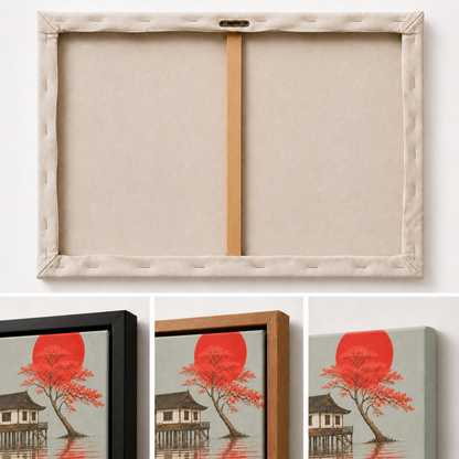 Red Tree and Asian Stilt House Floating Frame Wall Art - 03