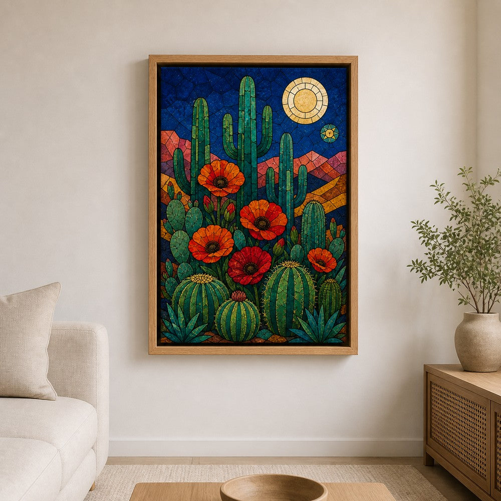 Stained Glass Desert Cactus and Poppy Wall Art | Brown Frame wall scene