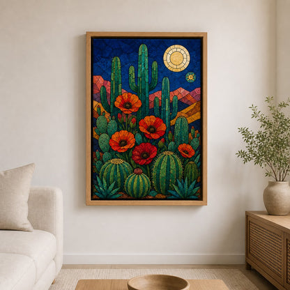 Stained Glass Desert Cactus and Poppy Wall Art | Brown Frame wall scene