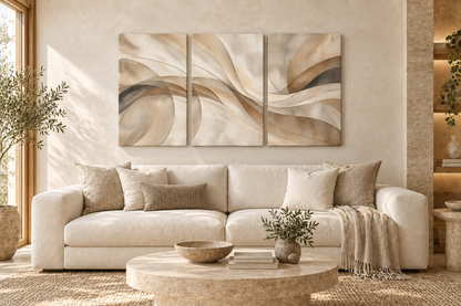 Warm Neutral Sweeping Forms Abstract Triptych Wrapped Canvas Wall Art - 10_living_room_wall_mockup_20x28_each