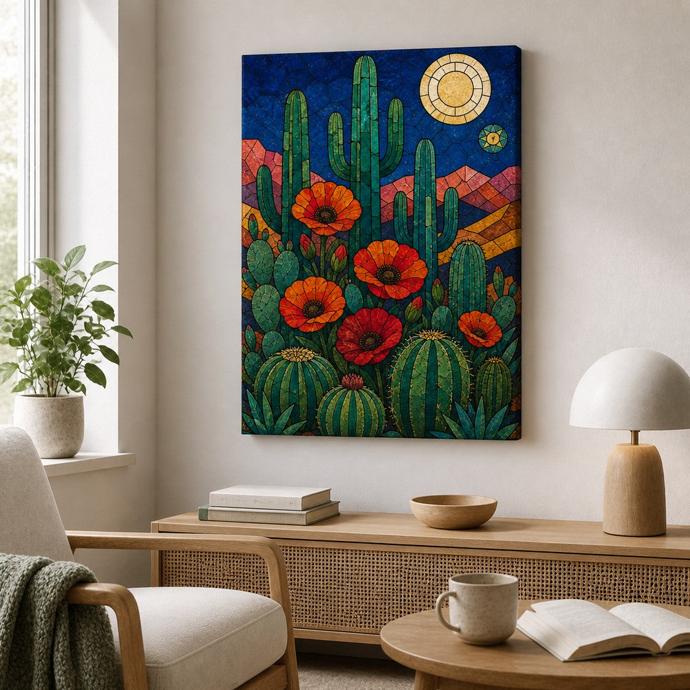 Stained Glass Desert Cactus and Poppy Wall Art | Frameless wall scene
